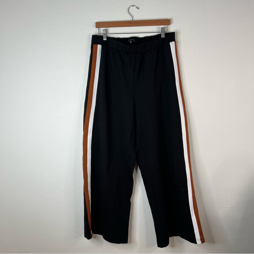 Universal Standard Black Wide Leg Track Pants with Brown and White Side Stripes
